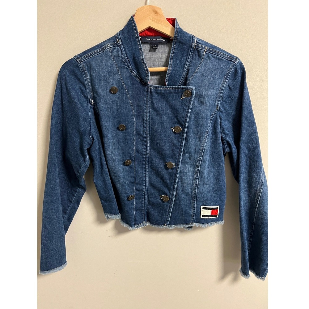Tommy Hilfiger Cropped Denim Jacket Small Blue Funnel Neck Raw Hem